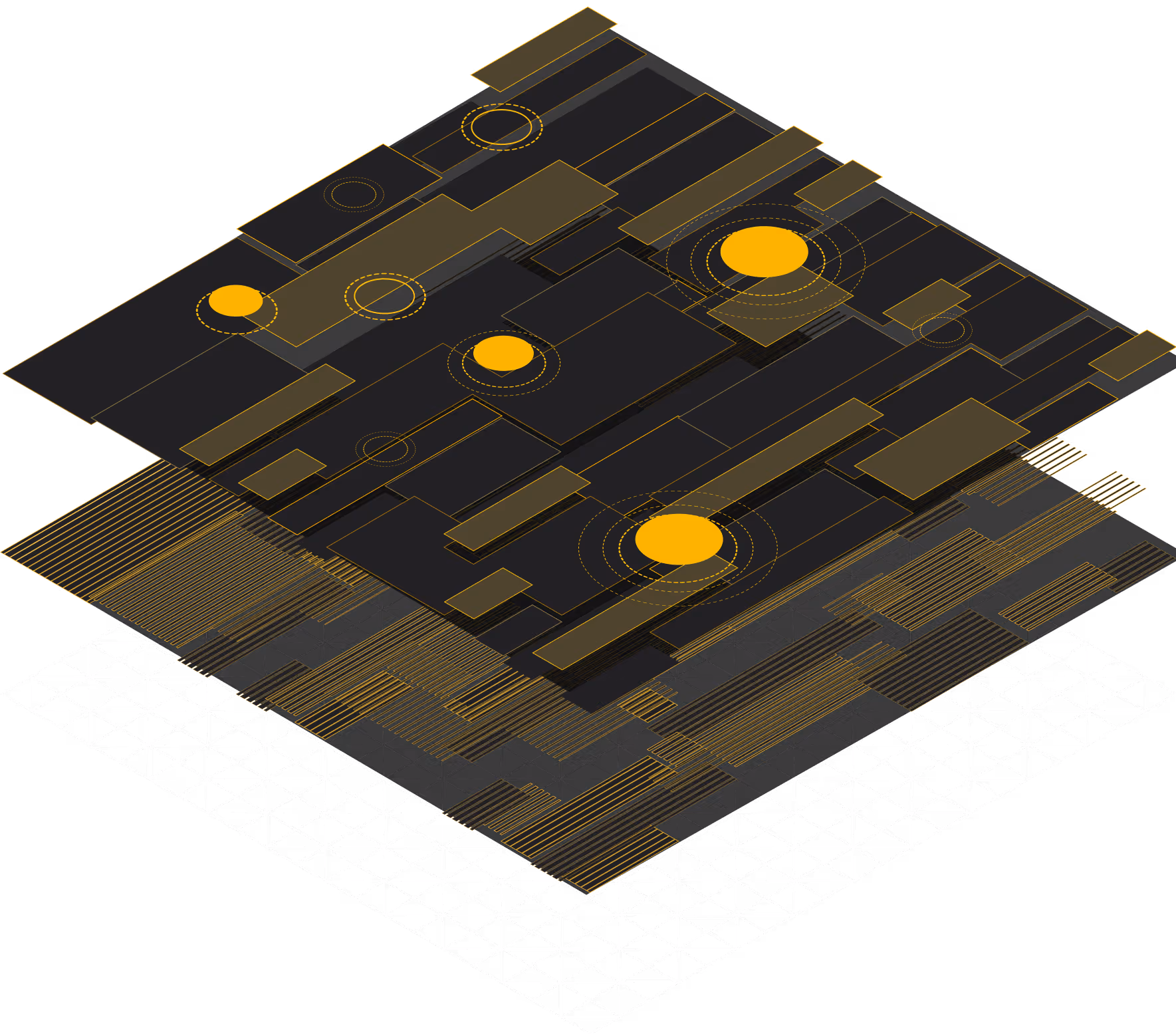 Isometric digital circuit board with yellow circular nodes and geometric layers on a black background.