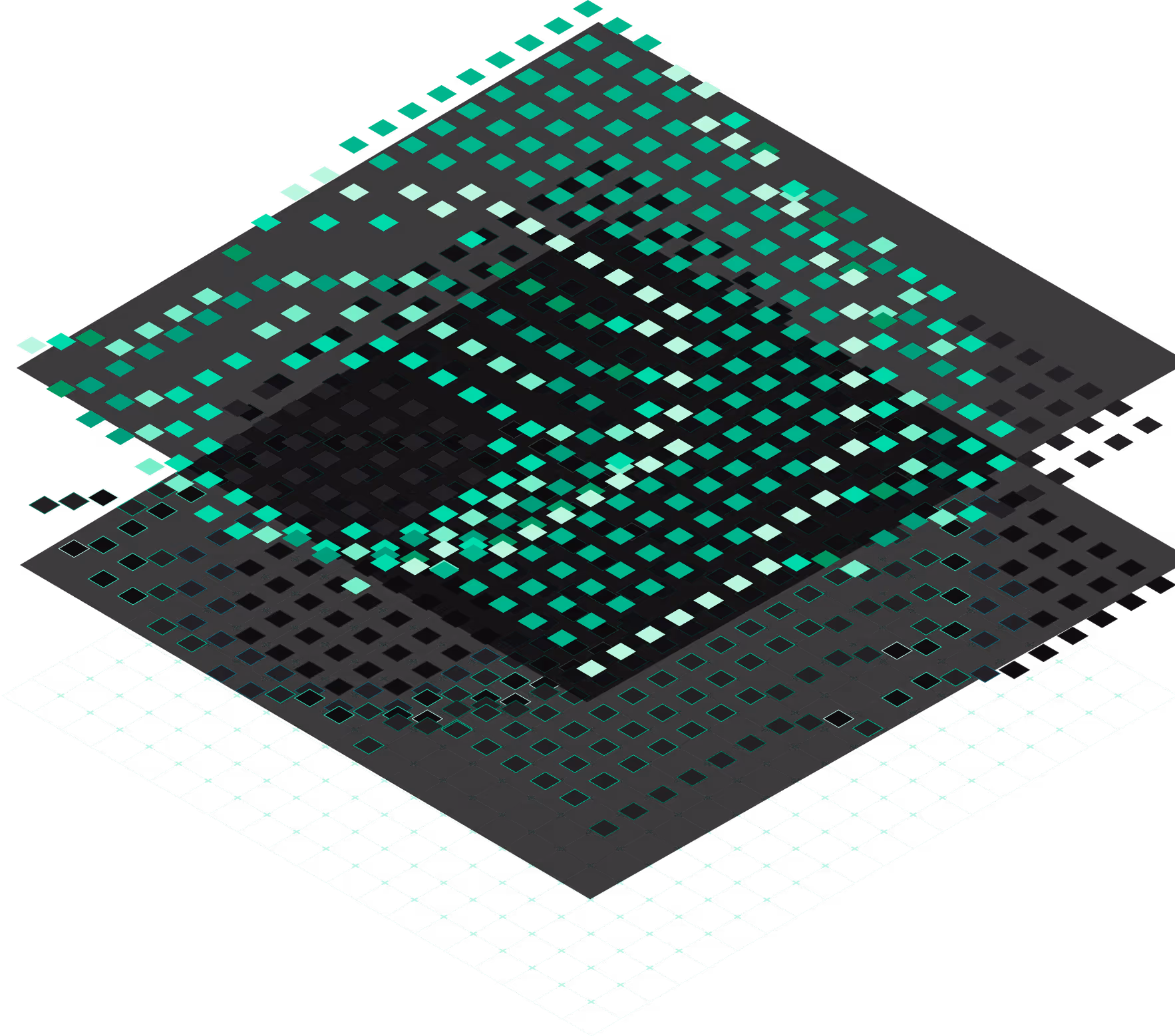 Abstract layered 3D grid with teal and green diamond shapes forming a complex digital pattern on a black background.