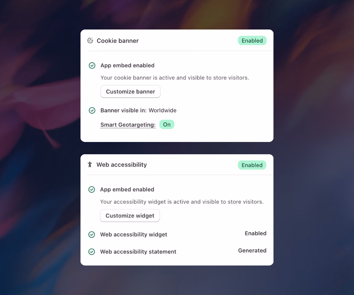 Dashboard panels showing settings for cookie banner and web accessibility, both enabled with options to customize and status indicators for app embed and widget visibility.