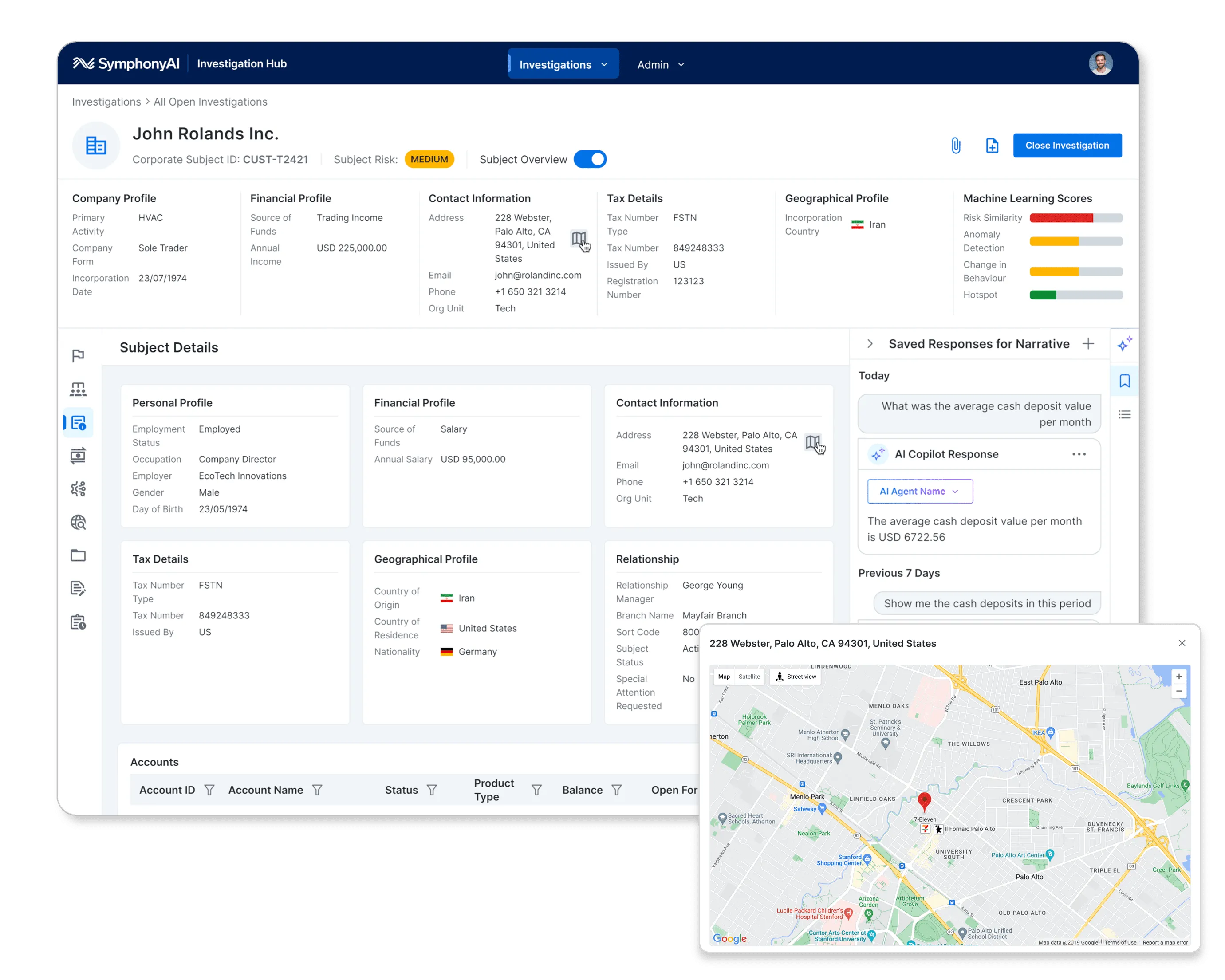 SymphonyAI Investigation Hub interface showing investigation details for John Rolands Inc. It includes company profile, financial and tax details, contact information, geographical profile, subject personal and financial profile, relationship info, and machine learning risk scores. A map highlights the address 228 Webster, Palo Alto, CA 94301, United States. The interface shows a saved response from AI Copilot about average monthly cash deposit value. Navigation and filter options appear at the sides and top of the dashboard.