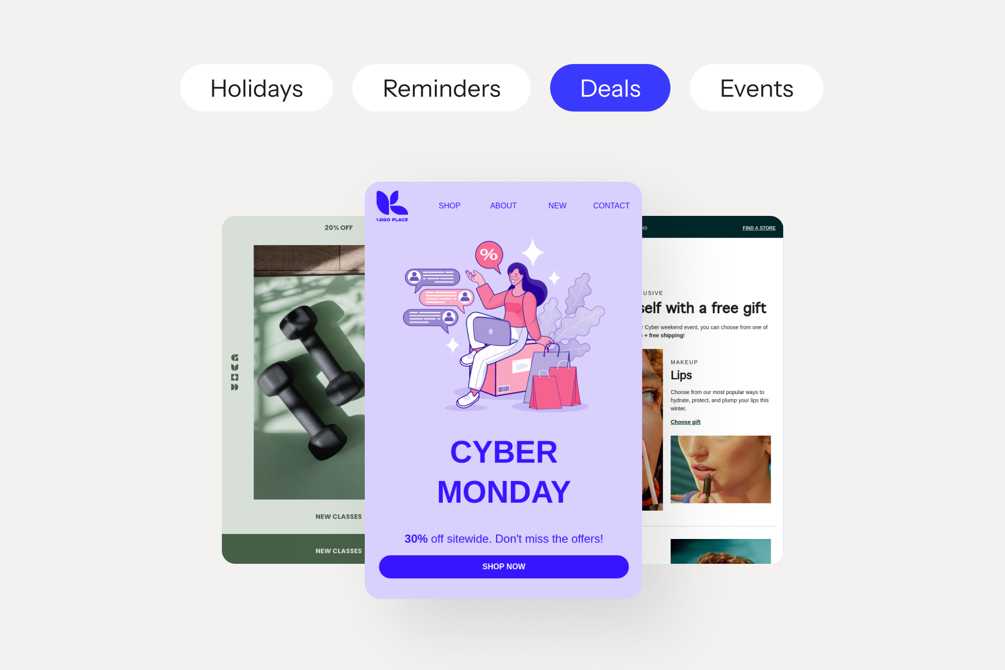 Cyber Monday mobile ad offering 30% off, layered over fitness and beauty promotion pages.
