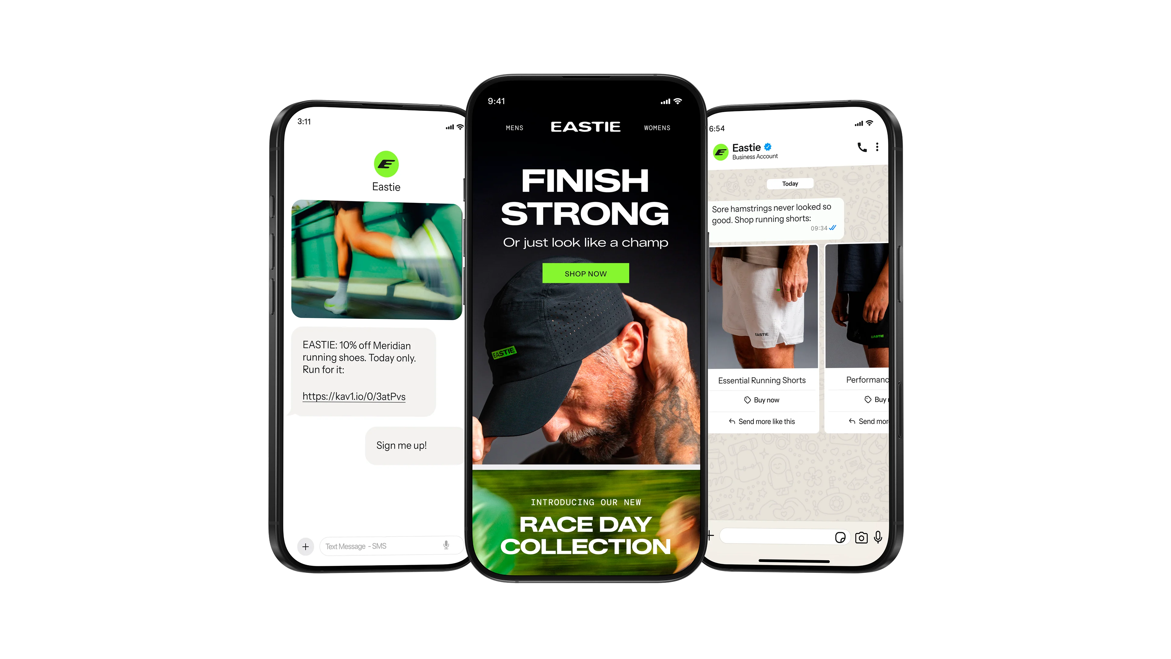 Three smartphones display Eastie running apparel promotions via text, mobile website, and WhatsApp.