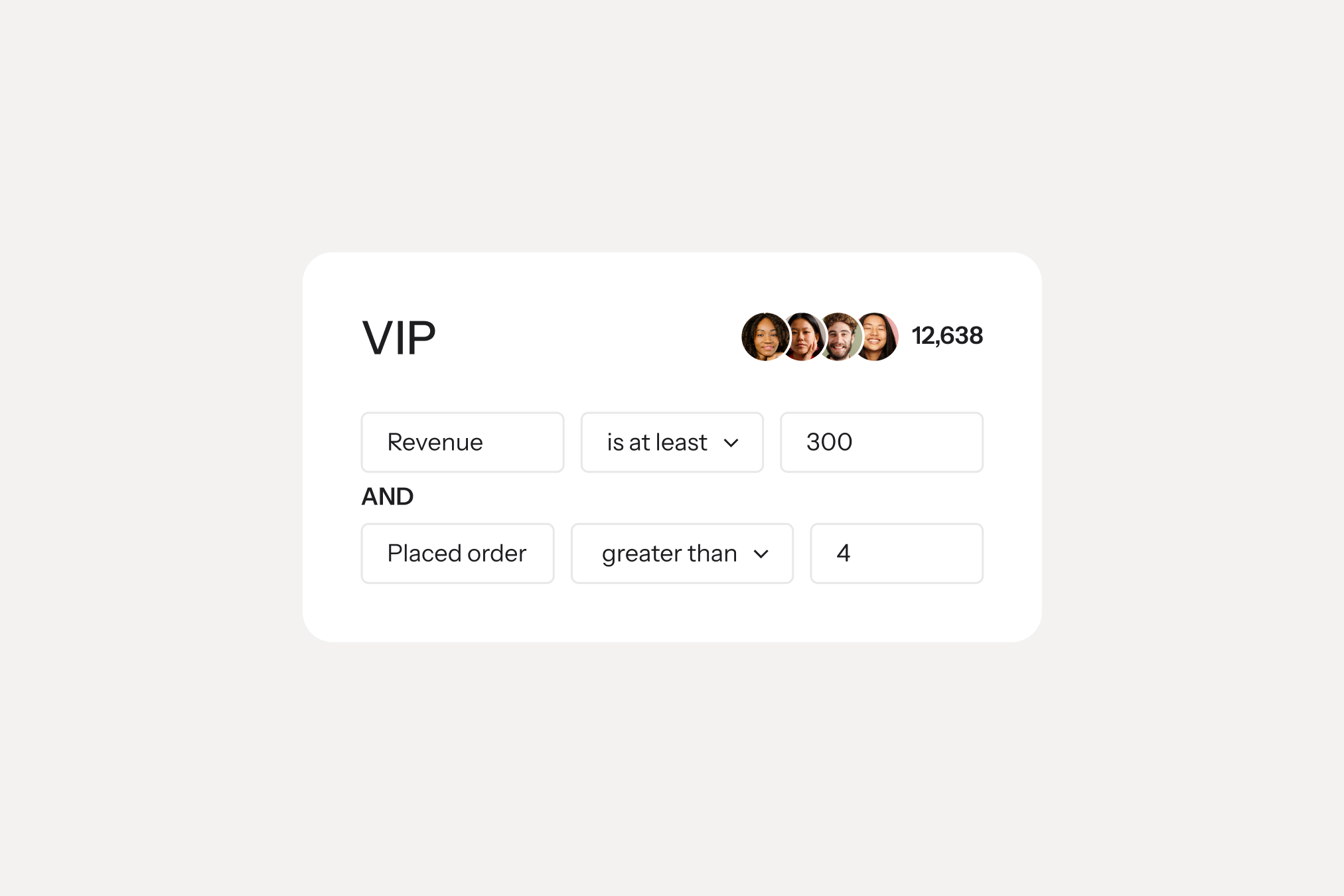 VIP customer segment with 12,638 members, defined by revenue of at least 300 and more than four orders.