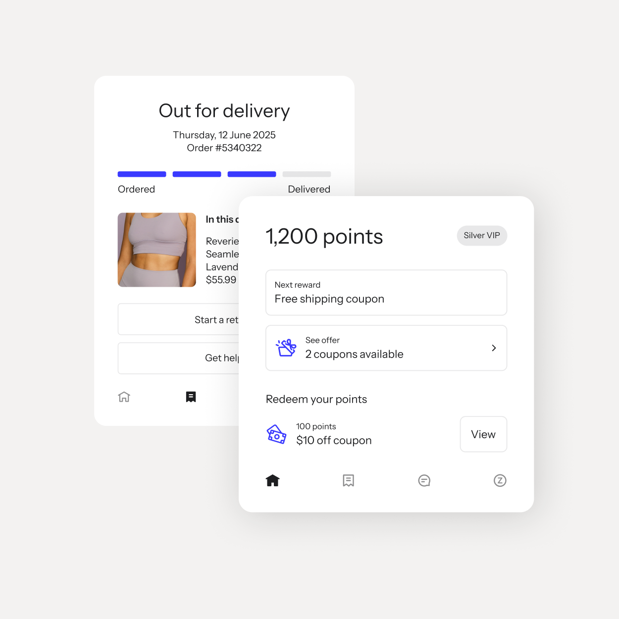 Mobile app screens showing an order out for delivery and a Silver VIP rewards balance of 1,200 points.