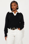 Layla Cable Knit Pullover Polo Sweater - Black/combo.