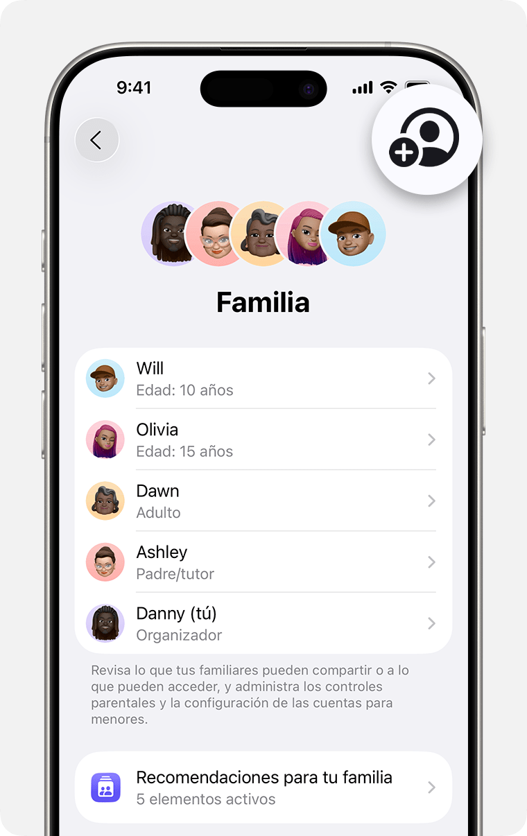 Configuración de iPhone en el que se muestra la configuración de Familia y el botón Agregar miembro destacado.
