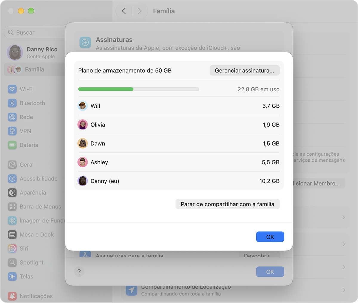 Tela do Compartilhamento Familiar mostrando o uso do armazenamento do iCloud pelos familiares.