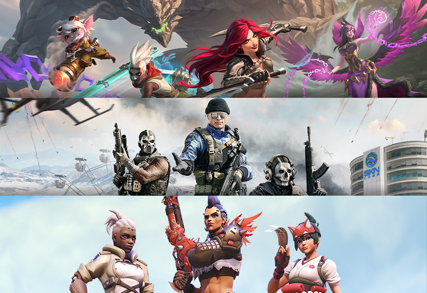 Game art from multiple free-to-play games including League of Legends, Call of Duty: Warzone and Overwatch 2
