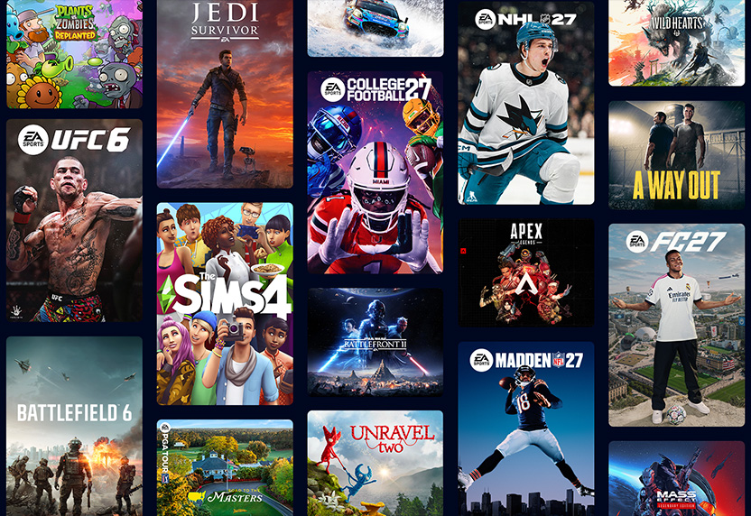 A collection of games published by EA, including The Sims 4, EA SPORTS College Football 27, EA SPORTS FC 27, and more.