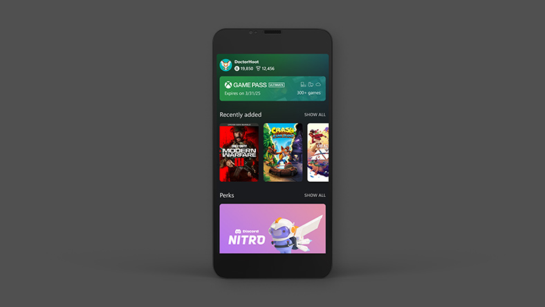 A phone displaying the XBOX mobile app.