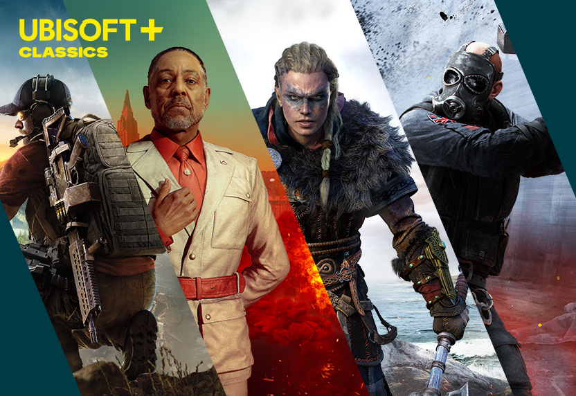 Ubisoft plus Classics, four panels showing game art from Tom Clancy's Ghost Recon Wildlands, Far Cry 6, Assassin's Creed Valhalla and Rainbow Six Siege.