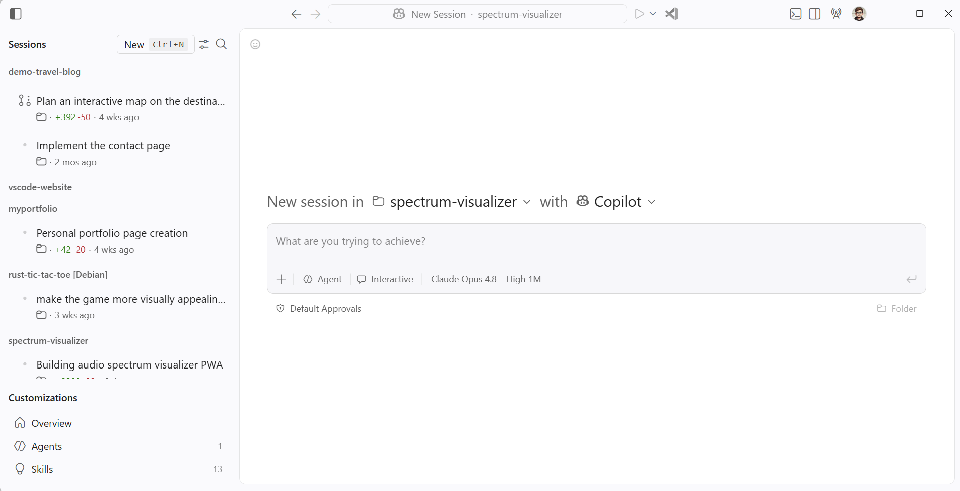 VS Code Agents window showing local, background, and cloud agent sessions.