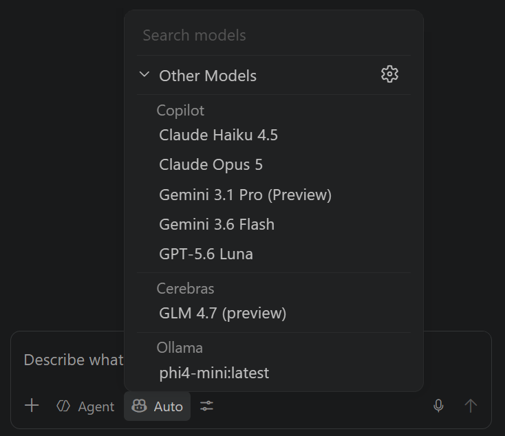 Model picker in VS Code showing models from multiple providers.