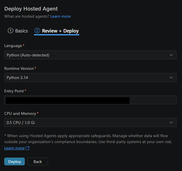 Screenshot showing the Review + Deploy tab with language, runtime version, entry point, CPU and memory, and Deploy controls, with the example entry point redacted.