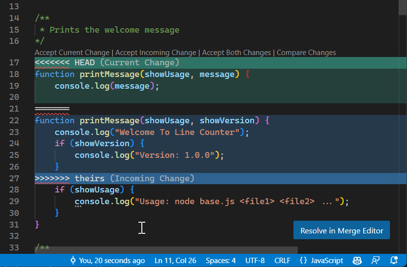 Screenshot showing inline conflict markers and the current and incoming changes.