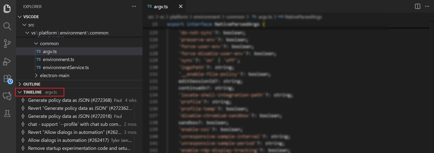 Screenshot showing Git commits and local file saves in the Timeline view.