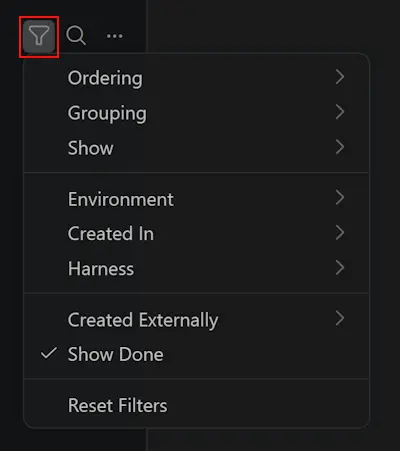 Screenshot showing the Filter Sessions menu with environment, application, harness, and external-session filters.