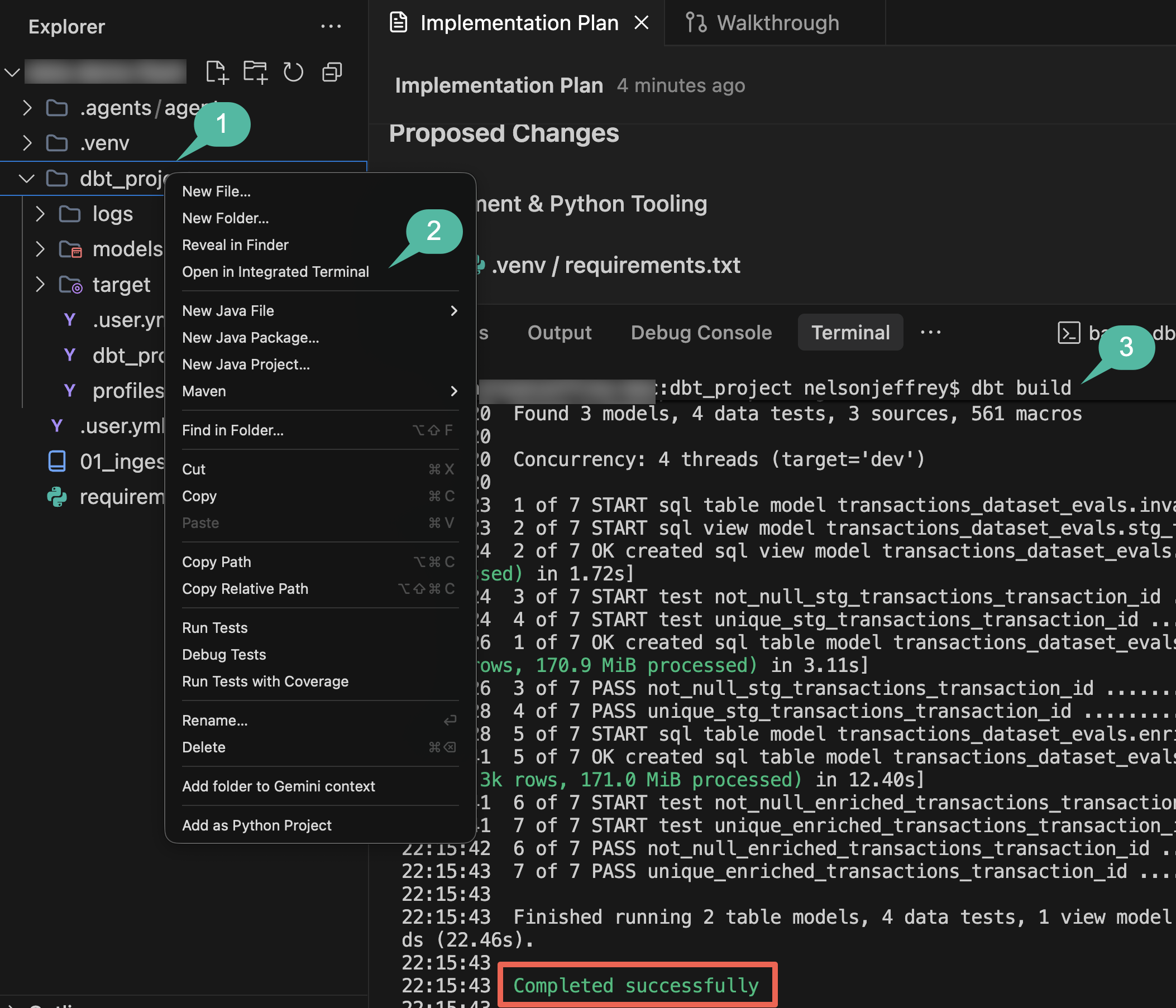 Build and test dbt project in Integrated Terminal