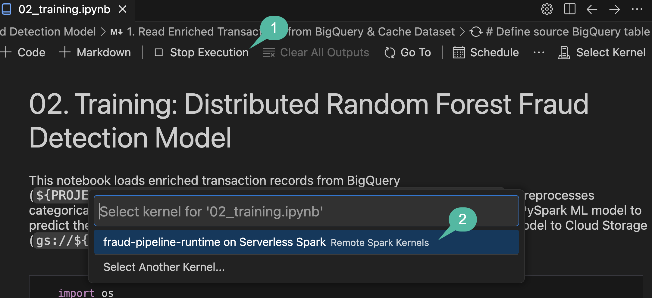 Selecting the Serverless Spark kernel for the training notebook