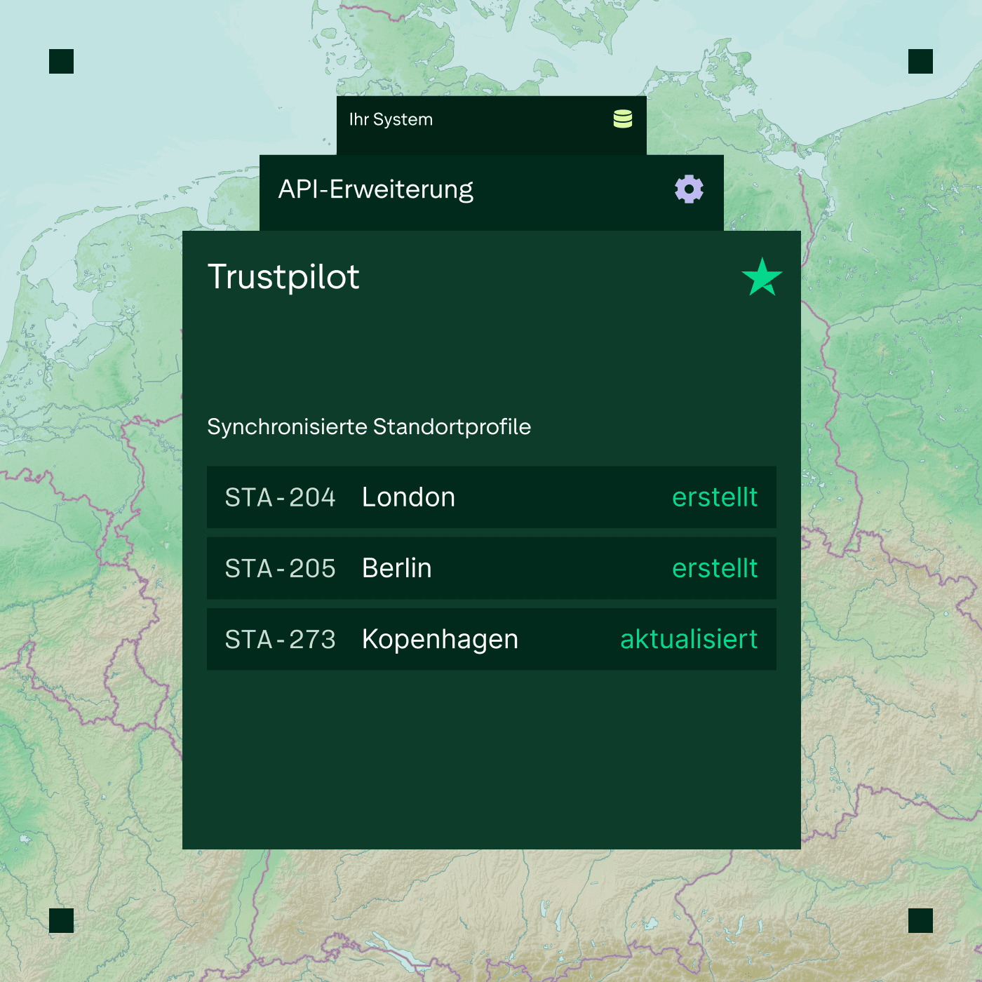 An API Add-on modal overlaying a European map background, displaying synchronized location profiles for London (created), Berlin (created), and Copenhagen (updated).