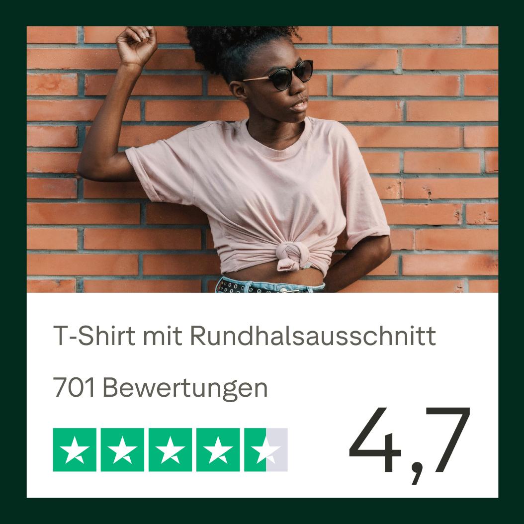 Eine Produktkarte für ein T-Shirt mit Rundhalsausschnitt, die eine Frau vor einer Backsteinwand zeigt, zusammen mit 701 Bewertungen und einer Bewertung von 4,7 Sternen.