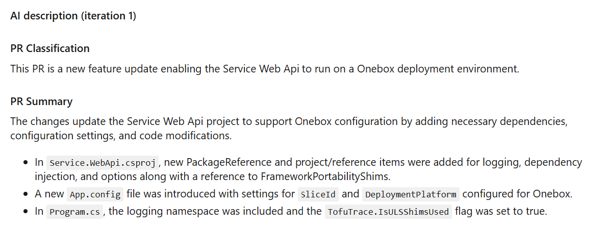 Screenshot of a pull request AI generated summary of the changes