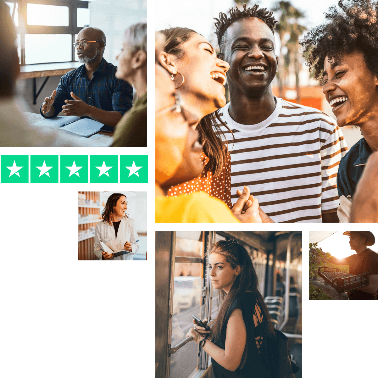 A photo collage displaying diverse individuals, including a group laughing outdoors, a business meeting, a medical professional, a woman on public transit, a worker harvesting crops, and a green 5-star rating icon.