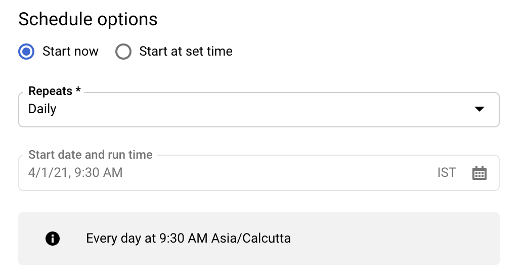 Formulir di konsol yang menampilkan opsi Jadwalkan untuk transfer data, dengan pilihan saat ini ditetapkan ke pukul 09.30 AM Asia/Calcutta.