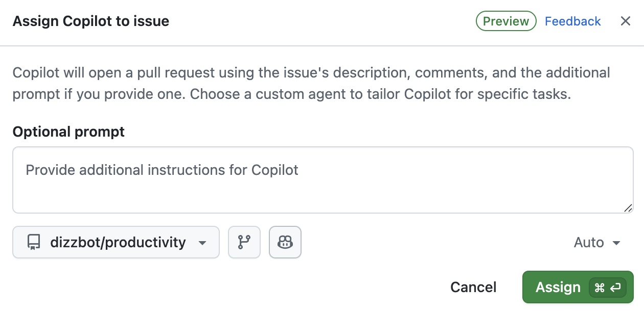 Captura de pantalla del cuadro de diálogo "Asignar a Copilot" en el que se muestran las opciones del repositorio de destino, la rama de inicio, custom agent e instrucciones adicionales.