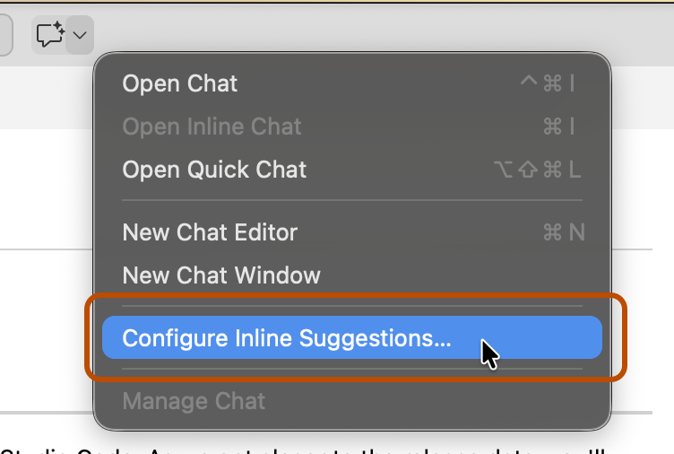 Capture d’écran de l’option dans la liste déroulante GitHub Copilot. « Configurer les suggestions contextuelles » est en surlignage orange.