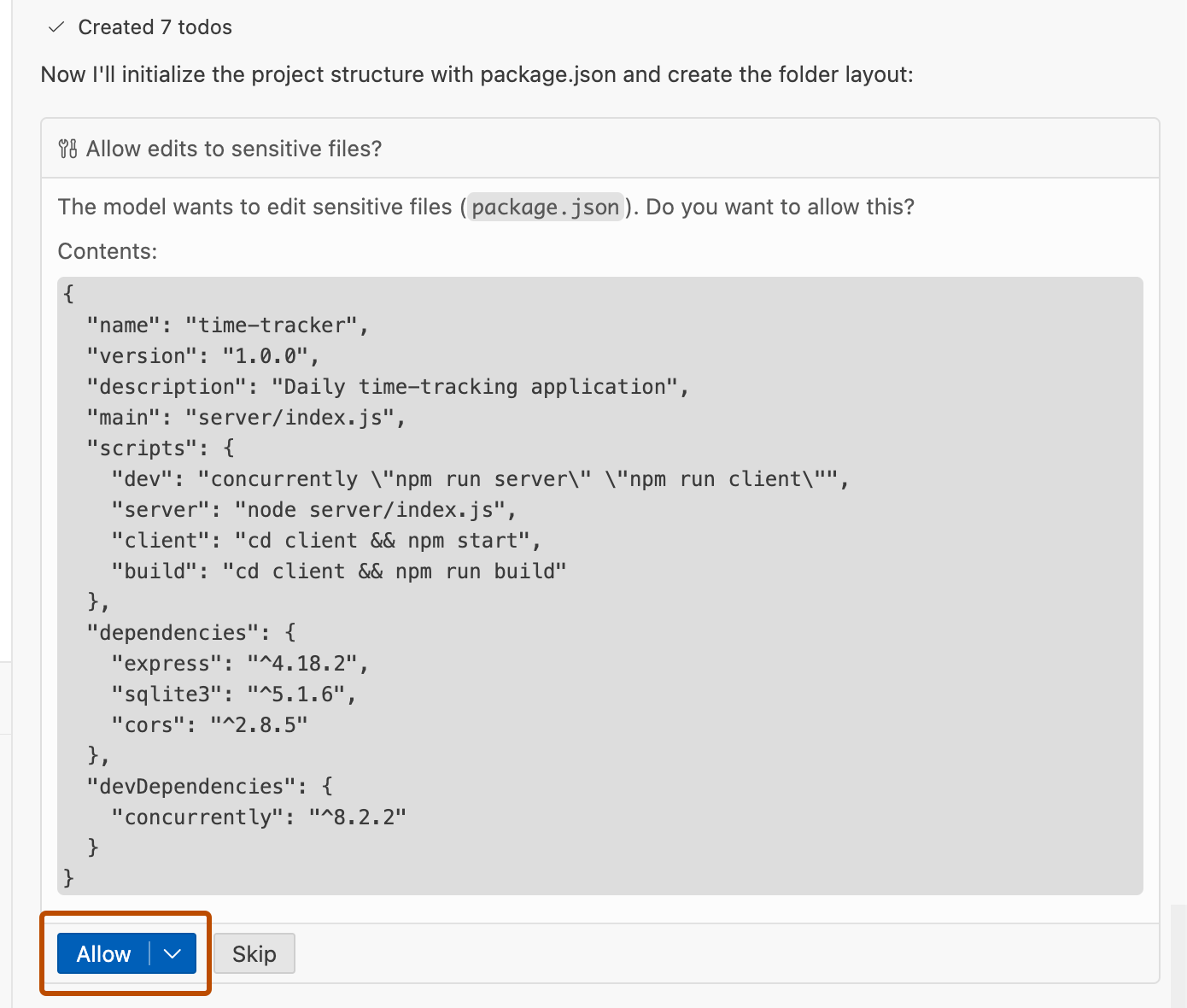 Captura de pantalla de Copilot en VS Code solicitando permiso para editar un archivo confidencial. El botón "Permitir" está resaltado.