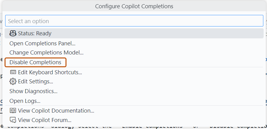 Capture d’écran de la boîte de dialogue « Configurer les complétions Copilot ». Les options Activer les complétions et Désactiver les complétions sont mises en surbrillance en orange.