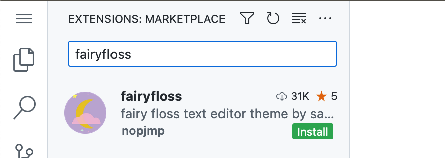 Captura de tela "Extensões: Marketplace". A caixa de pesquisa mostra "fairyfloss". Os resultados mostram a extensão "fairyfloss" com um botão "Instalar".