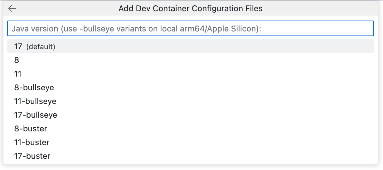 Capture d’écran de la liste déroulante « Ajouter des fichiers de configuration de conteneur de développement » répertoriant diverses versions de Java.