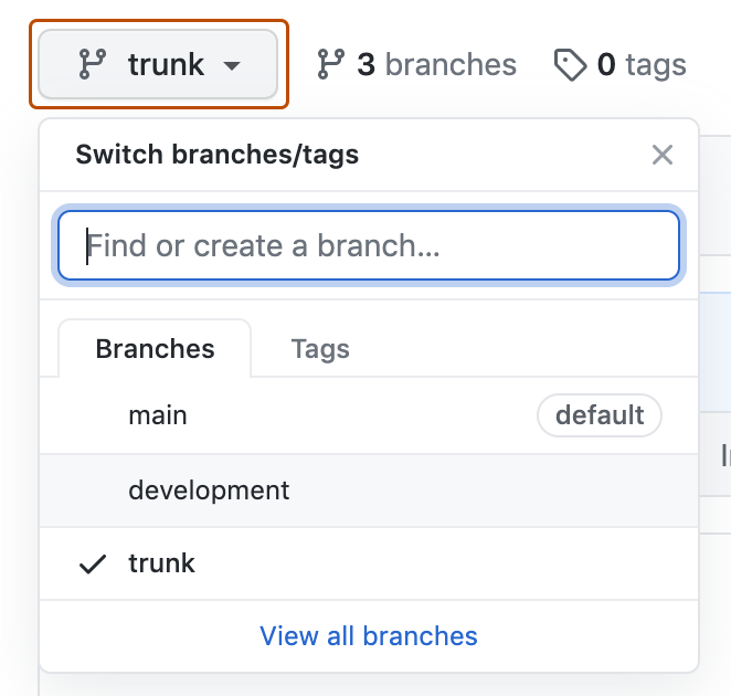 Captura de tela do menu suspenso da ramificação, listando várias. O menu suspenso, rotulado com um ícone de branch e "trunk" está contornado em laranja.