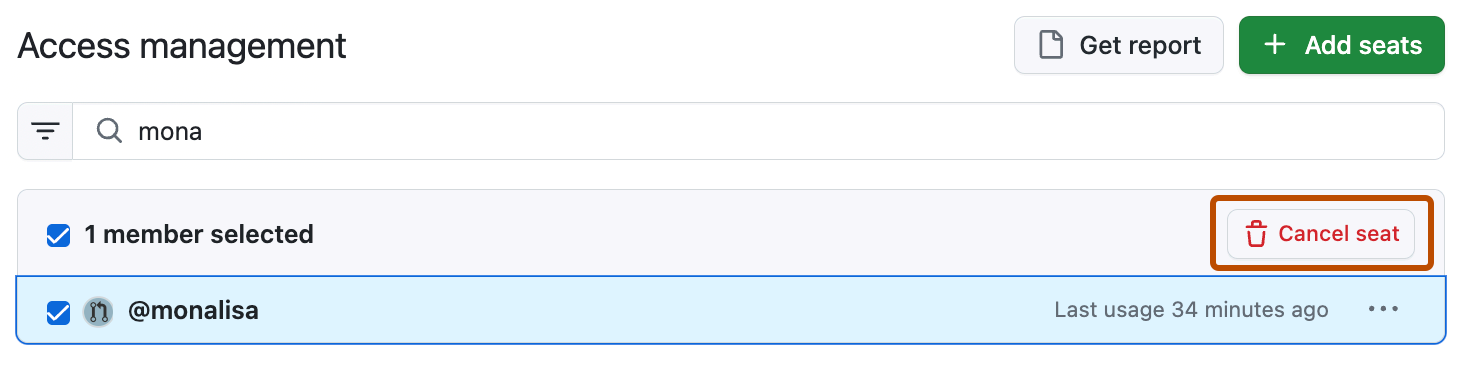 Capture d'écran de la section de gestion Access, avec un utilisateur sélectionné et le bouton « Annuler le siège » mis en surbrillance.