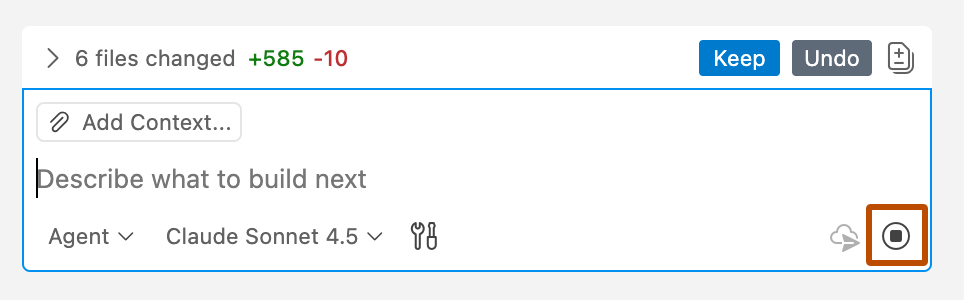 Captura de pantalla del botón "Cancelar" ubicado en la parte inferior derecha de la vista de chat en VS Code.