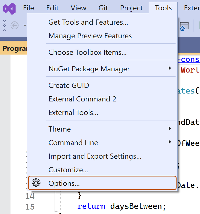 Capture d’écran de la barre de menus Visual Studio. Le menu « Outils » est développé et l’élément « Options » est mis en évidence avec un encadré orange.
