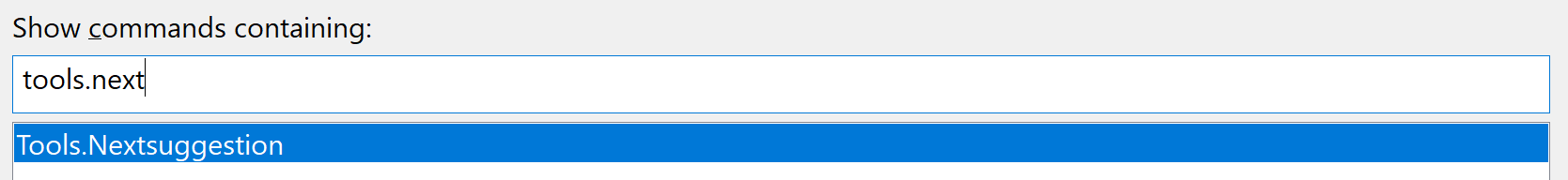 Capture d’écran de la barre de recherche « Afficher les commandes contenant ». La chaîne « tools.next » est entrée dans le champ de recherche.