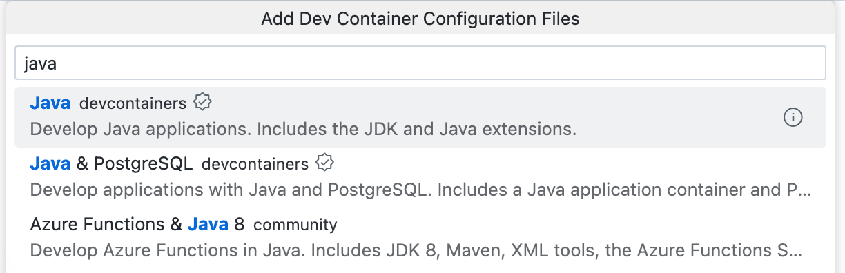 Capture d’écran de la liste déroulante « Ajouter des fichiers de configuration de conteneur de développement » avec « java » entrée dans le champ de recherche et trois options Java répertoriées ci-dessous.