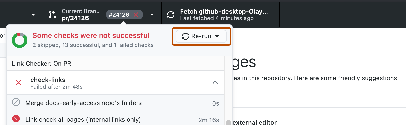 Capture d’écran d’un menu déroulant d’une étiquette de pull request. À côté de « Certains contrôles n'ont pas abouti », un bouton intitulé « Réexécuter » est souligné en orange.