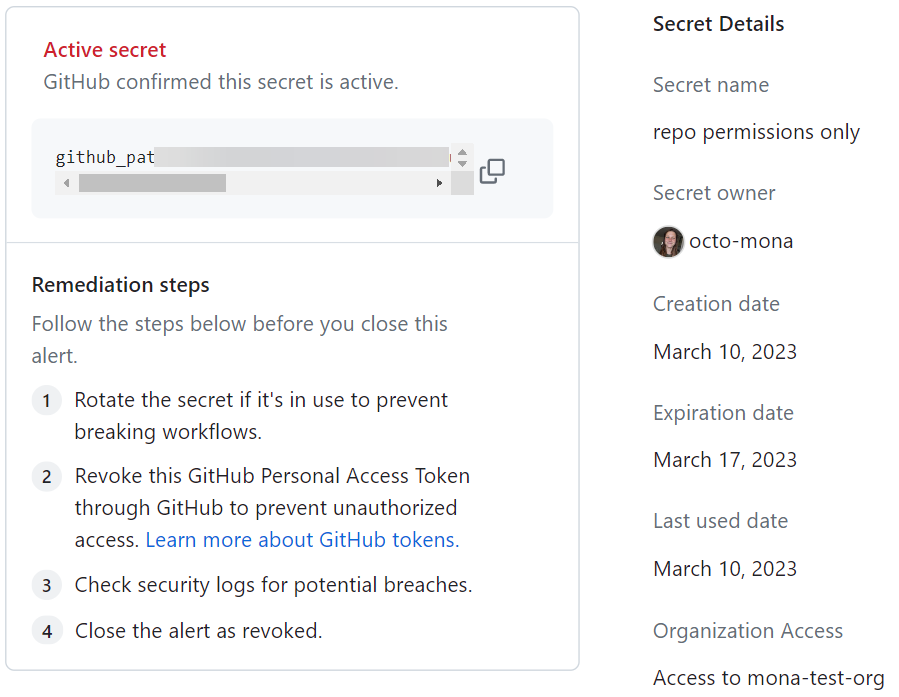 Captura de pantalla de la interfaz de usuario de un token de GitHub, con sus metadatos.