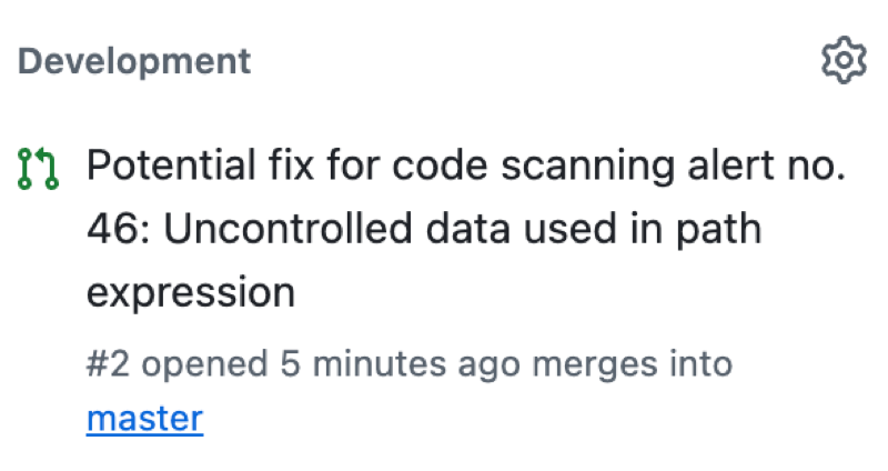 경고를 수정할 수 있는 풀 리퀘스트의 제목이 포함된 code scanning 경고의 “개발” 섹션 스크린샷