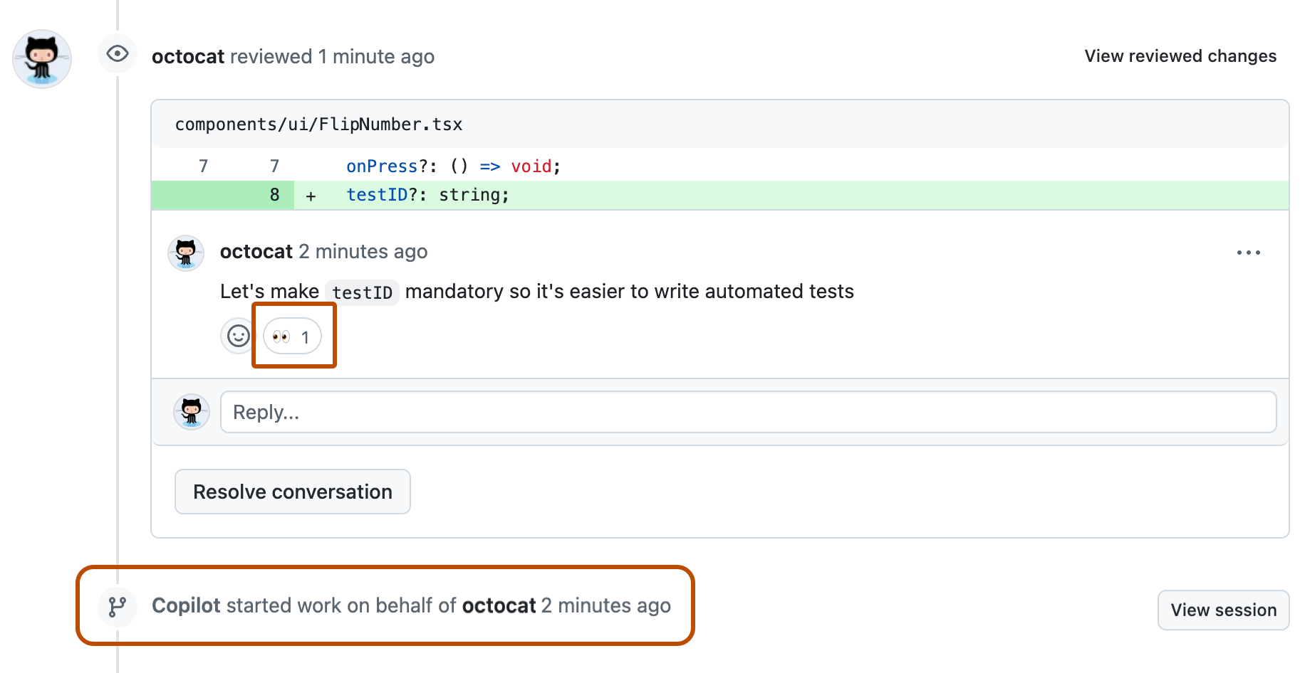 Captura de pantalla de una escala de tiempo de solicitud de incorporación de cambios con un comentario de revisión con la reacción de los ojos y un evento de escala de tiempo "Copilot started work".