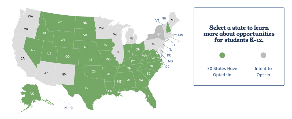 map of the United States showing states that have opted into the Federal Scholarship Tax Credit as of Oct 5, 2026