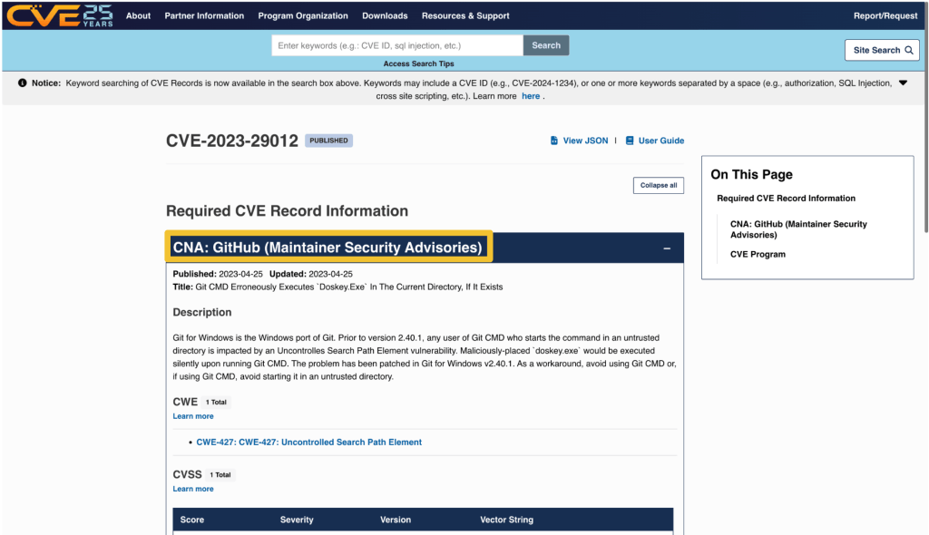 A screenshot of the cve.org record for CVE-2023-29012, with a yellow rectangle drawn around the &ldquo;CNA&rdquo; field to draw attention to the fact that &ldquo;GitHub (Maintainer Security Advisories)&rdquo; is the CNA for CVE-2023-29012.