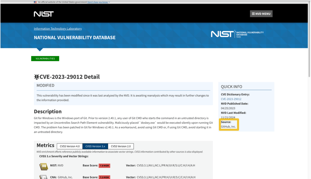 A screenshot of the nist.nvd.gov record for CVE-2023-29012, with a yellow rectangle drawn around the “Source” field to draw attention to the fact that “GitHub, Inc.” is the CNA for CVE-2023-29012.