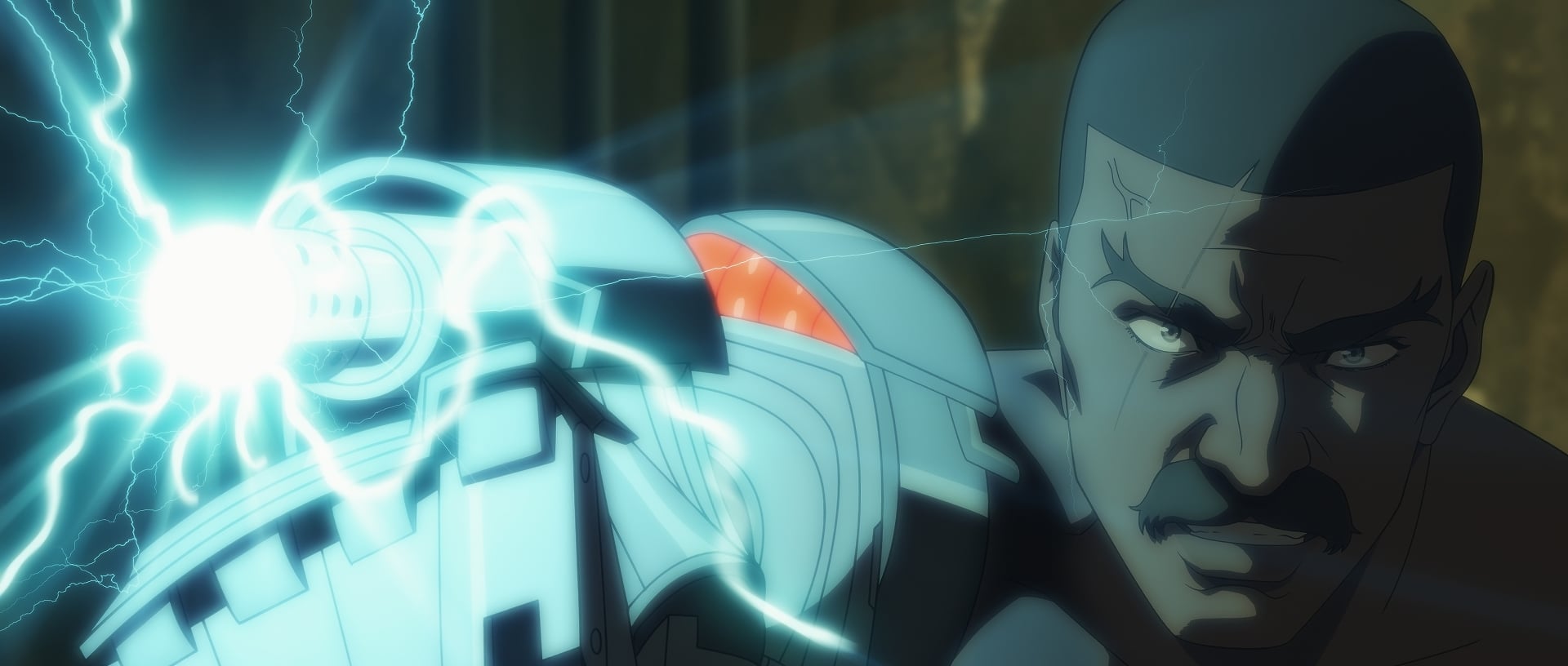 Bass X Machina still of a man brandishing his cybernetic arm.