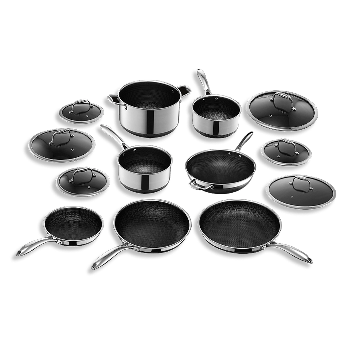 Batteria ibrida HexClad con coperchi, 13 pz