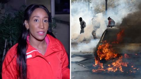 Split-screen showing correspondent Adina Campbell on the left, and a car on fire on the right
